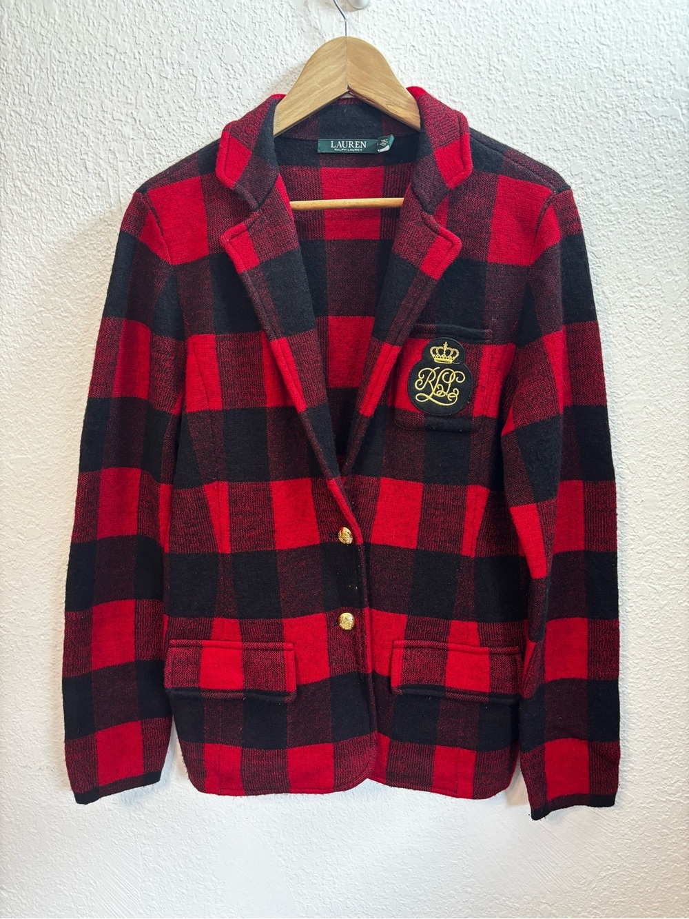 Lauren Ralph Lauren Preppy Buffalo Check Monogram Knit Blazer Medium